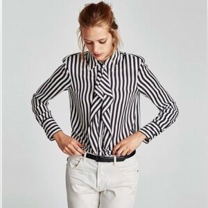 Zara Black & White Striped Cascading Ruffle Blouse XS